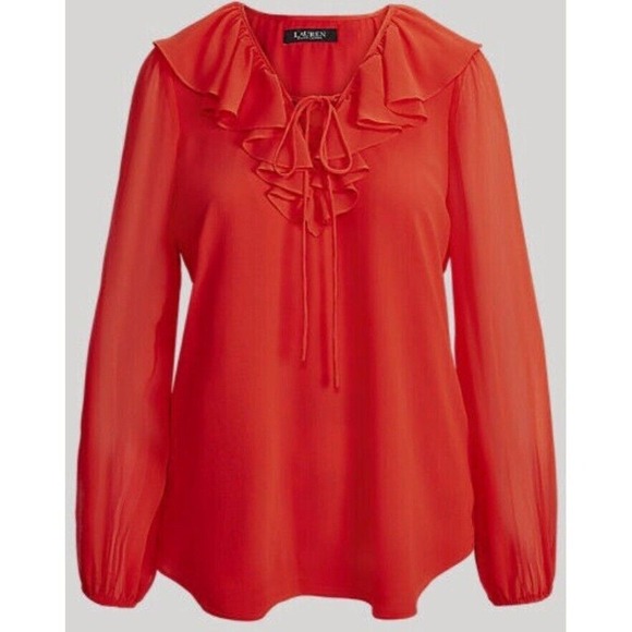 Lauren Ralph Lauren Ruffle Blouse Tie Neck Long Sleeve Top‎ Tangerine S NWT $125 - Picture 1 of 9
